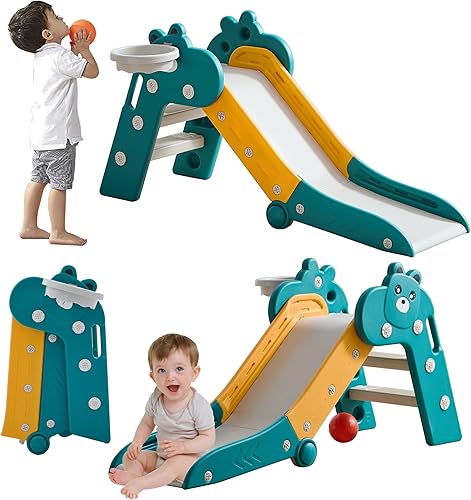 Vista 8 de Tobogán plegable para niños pequeños, juego de toboganes de plástico para interiores con aro de baloncesto y pelota Rosa Azul