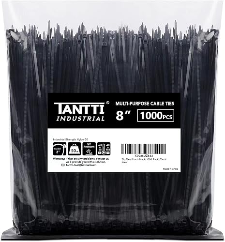 TANTTI Heavy Duty Zip Ties 8 Inch Black 1000 Pack 50 lb Tensile UV Resistant