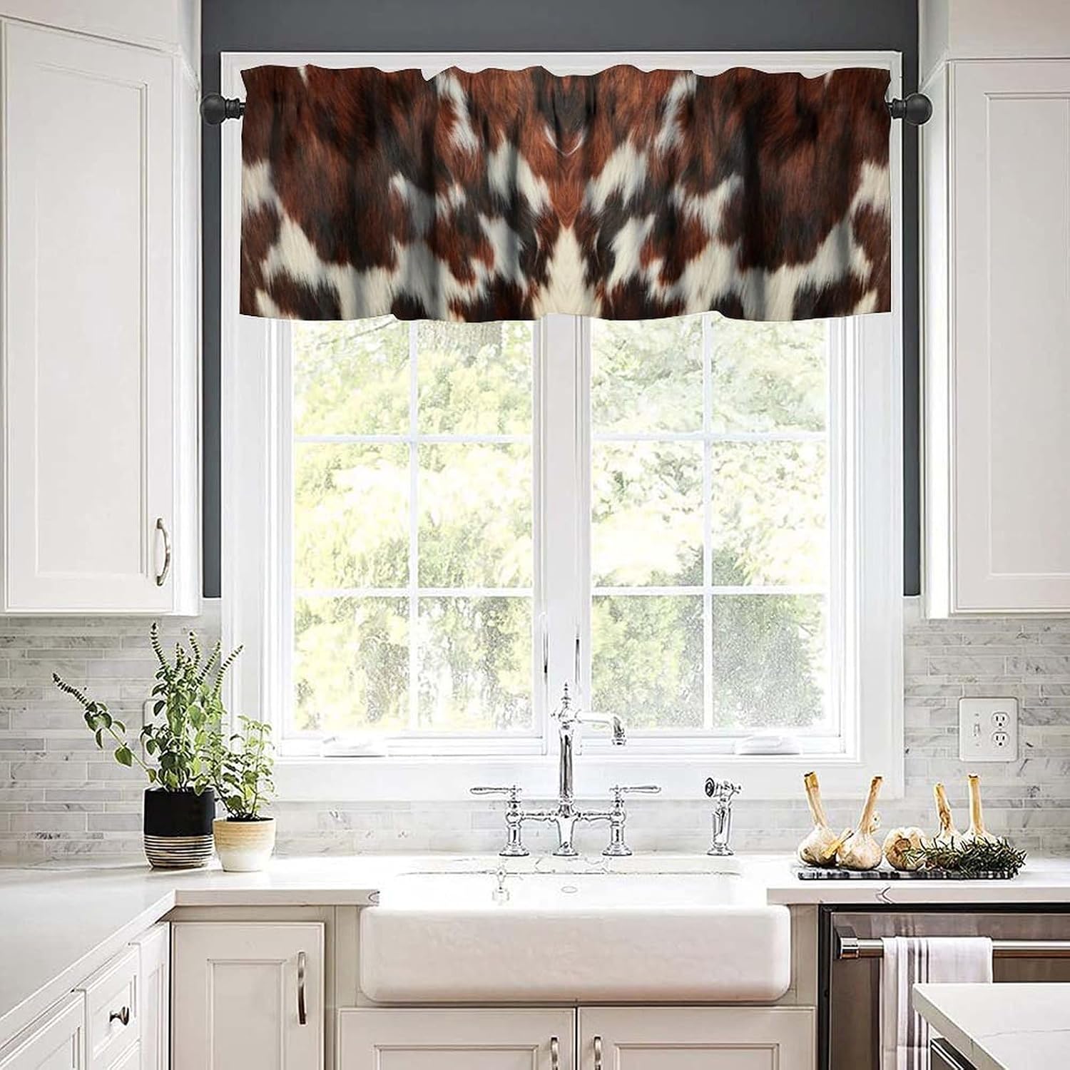 Cow Print Kitchen Valance Curtain Vintage Farmhouse Western White Brown Cowhide Table Decorations Rustic Window Treatment for Living Room Bedroom Dining Room 54x18In