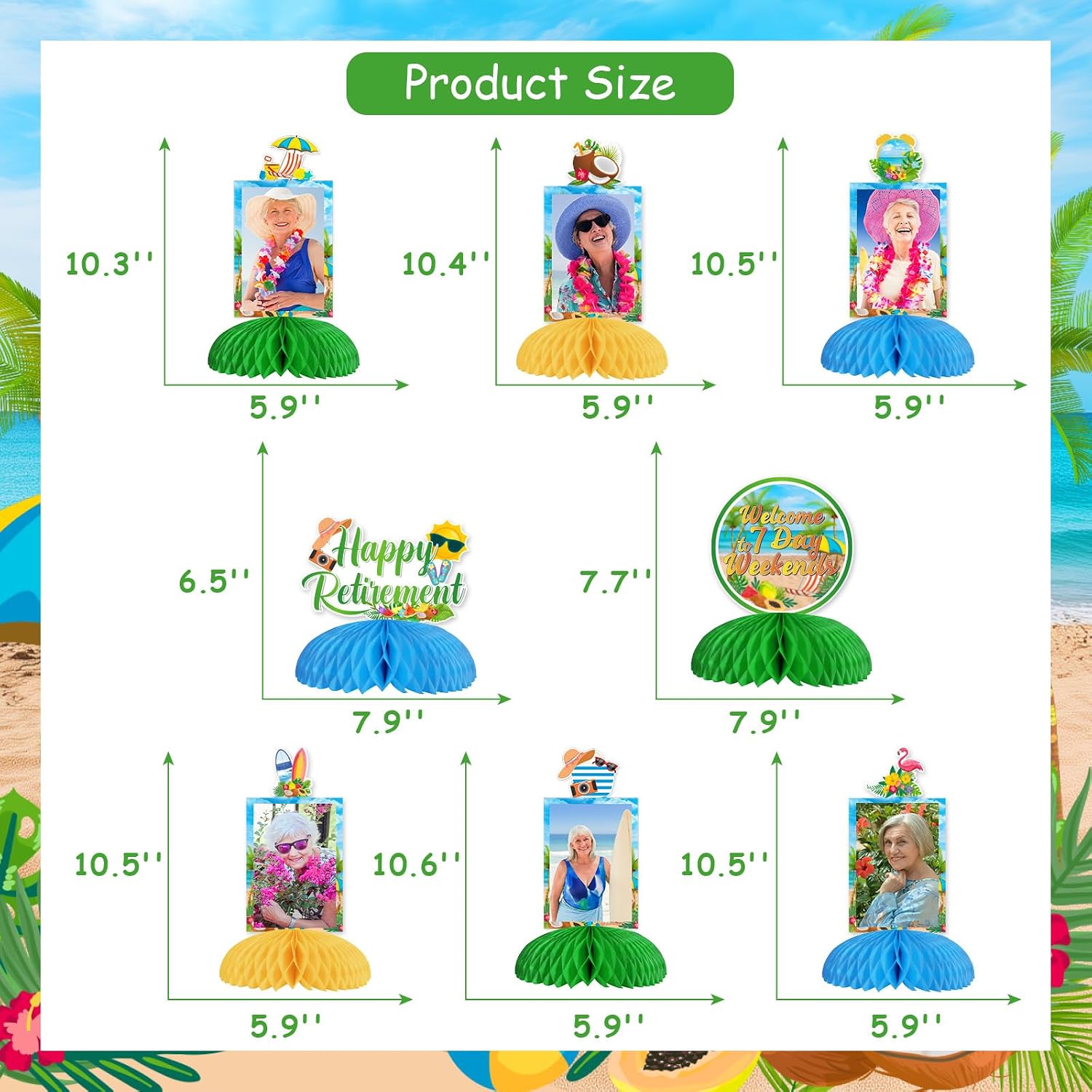 Funmemoir Tropical Retirement Party Decorations - 8PCS Photo Honeycomb Centerpieces, Summer Beach Retired Flamingo Hawaiian Luau Happy Retirement Farewell Going Away Party Decorations