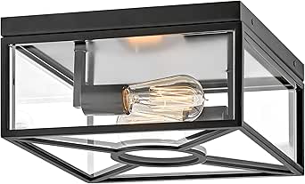 Hinkley Brixton Small Flush Mount Outdoor Ceiling Light, Composite, Clear Mitered Glass, Rust and Corrosion Resistant, Black Finish