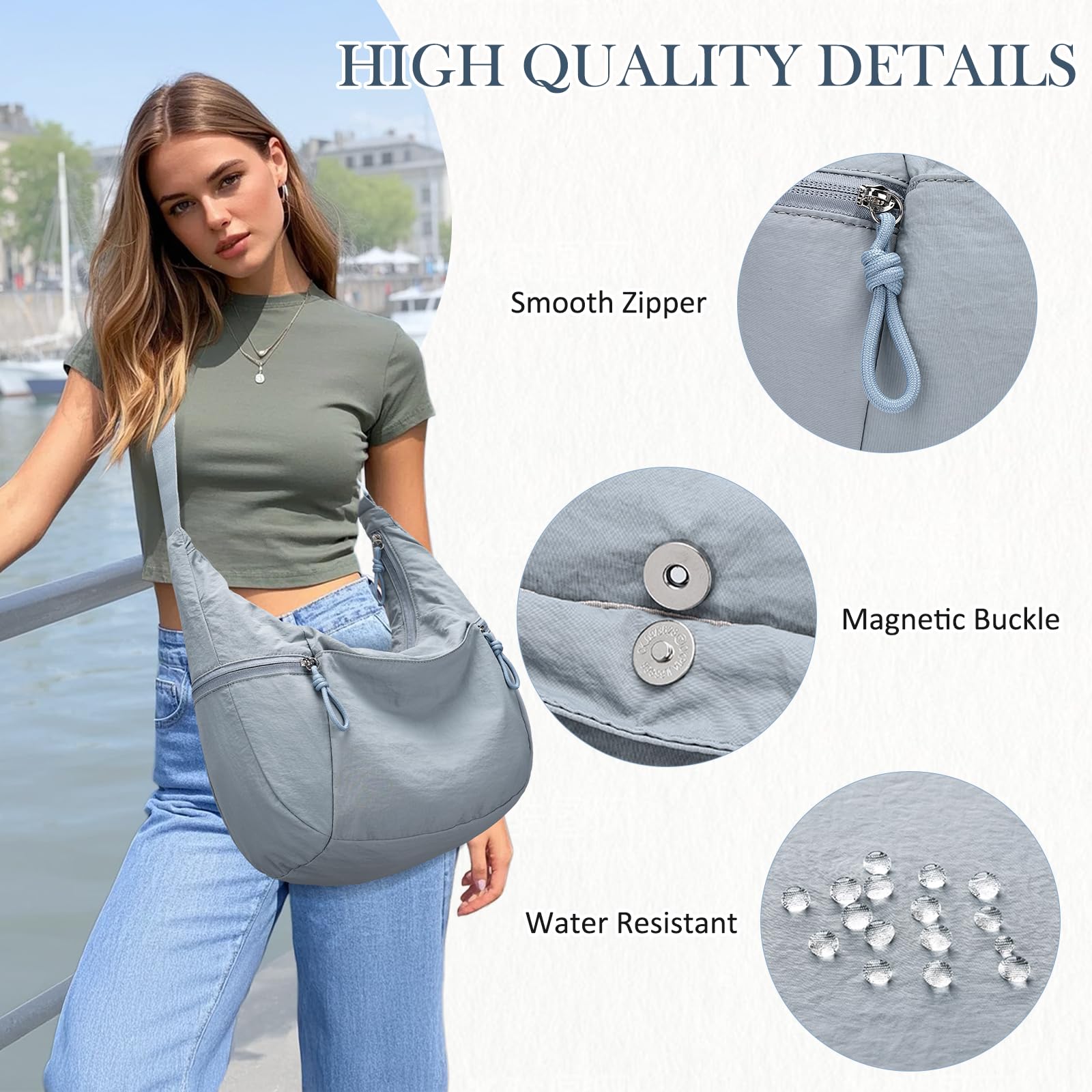VASCHY Bolso Bandolera Mujer Grande Media Luna Impermeable Ligero de Nylon Estilo Boho Deportivo con Correa Ajustable y Múltiples Bolsillos para Universidad Trabajo y Viaje