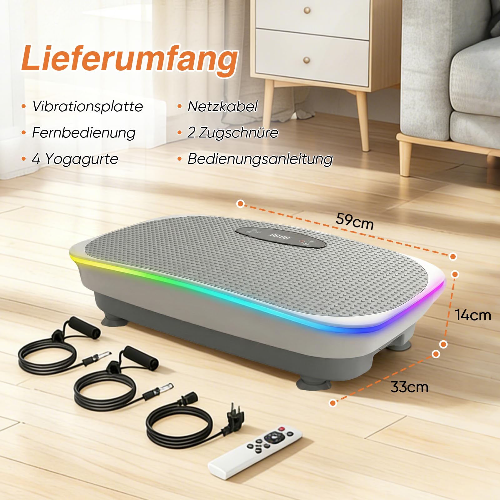 Vibrationsplatte, Rüttelplatte Sport für Zuhause, 120 Leistungsstarke einstellbare Geschwindigkeiten,Coolen Lichtern, bis 350LBS, Bluetooth & Fernbedienung, 4 Widerstandsbändern, für Home Workout