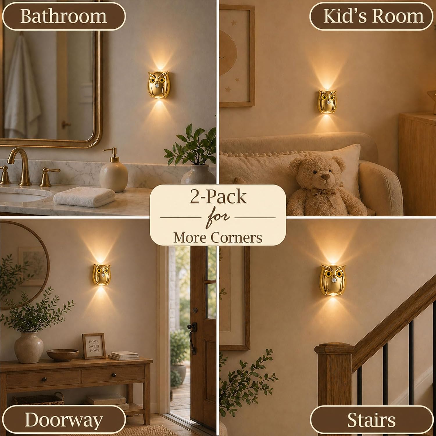 2-Pack Golden Owl Wall Lamp, Cute LED Night Light for Bedroom Decor, Warm Ambient Lighting for Kids Room, Nursery & Hallway, Creative Animal Wall Light, Gift for Home Decoration