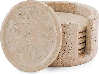 Marble Coasters Set of 6 Round 3.5 Inch Travertine Coaster for Drinks wi...