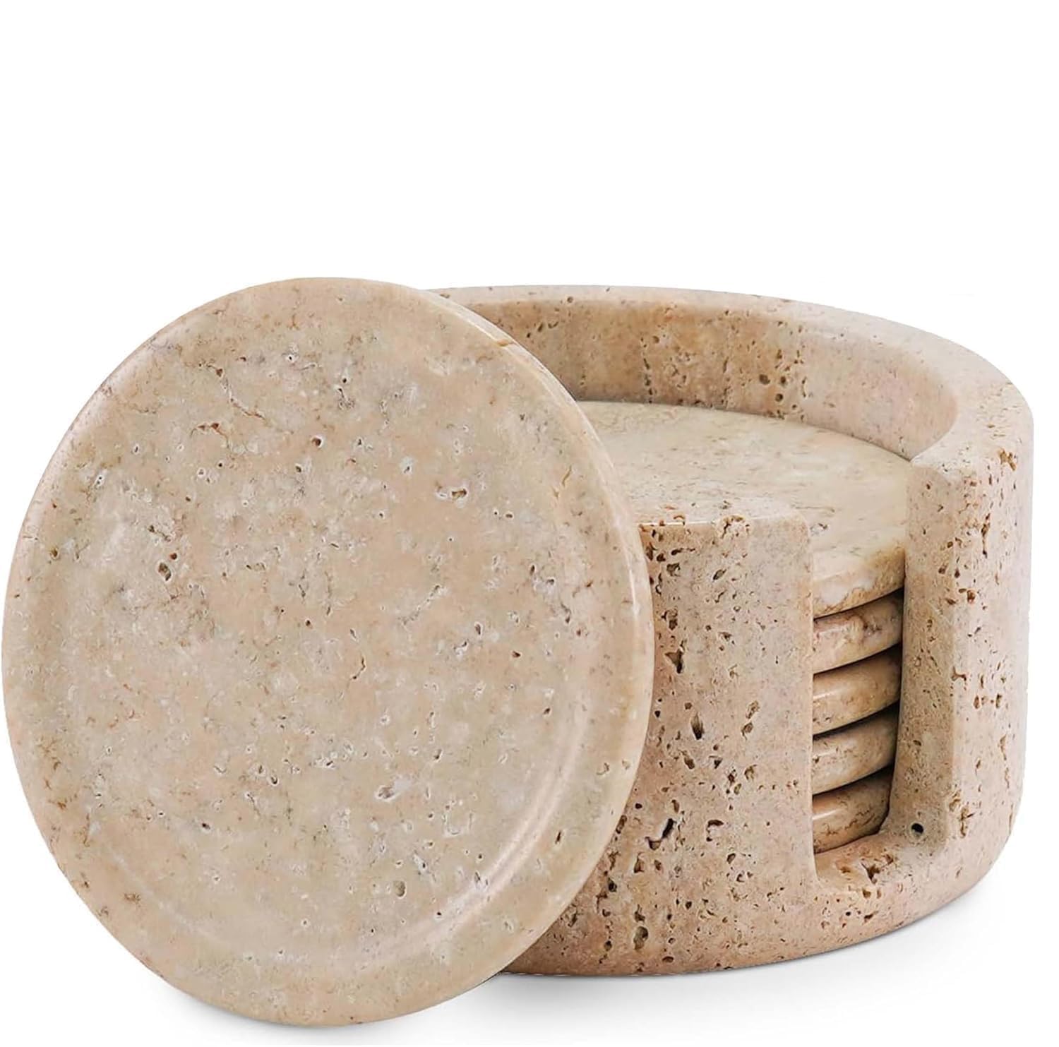 SPESHSTONES Marble Coasters Set of 6 Round 3.5 Inch Travertine Christmas Coaster for Drinks with Holder - Ideal Stone Drink Coasters for Coffee Bar Accessories, Gifts, Dining Table & Home Décor