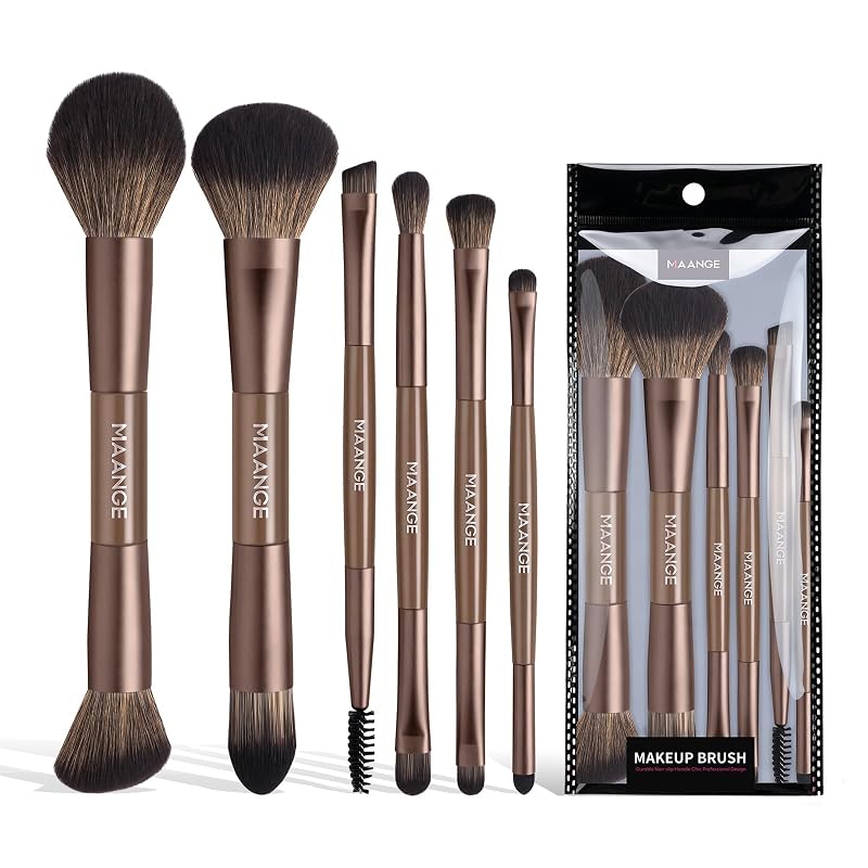 MAANGE 6 Pcs Makeup Brush Set Travel Double-Ended Makeup Brushes for Foundation Powder Concealer Blush Blending Eyeshadow Brushes-Brown