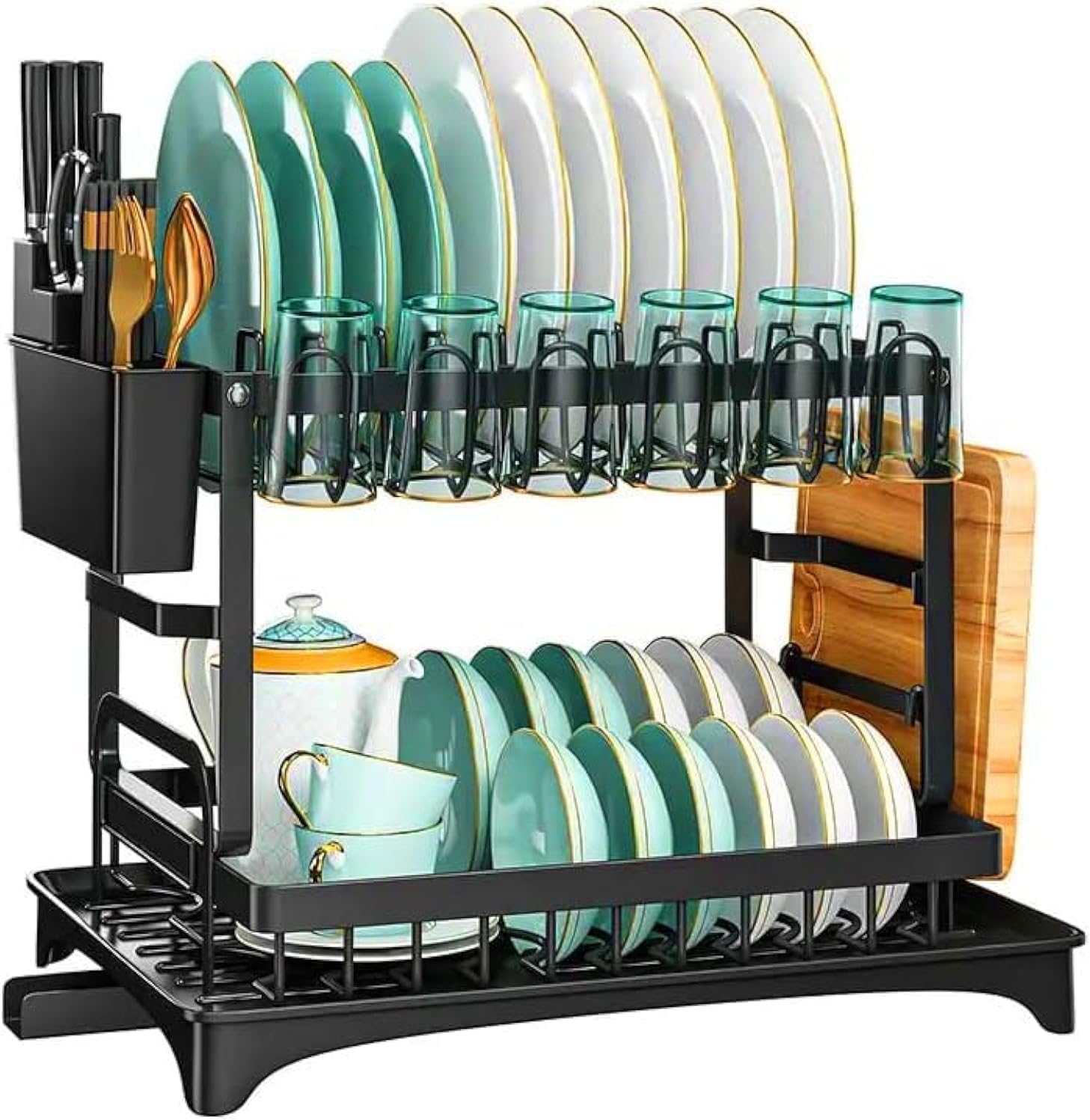 Dish Rack 2 Tier Dish Drying Stand with Baking Paint Protection Easy to Install Dish Drying Rack for Bowls Plates Cups Cutlery and Cutting Board Anti-Rust Dish Rack with Drain Tray