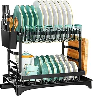 Dish Rack 2 Tier Dish Drying Stand with Baking Paint Protection Easy to Install Dish Drying Rack for Bowls Plates Cups Cutlery and Cutting Board Anti-Rust Dish Rack with Drain Tray