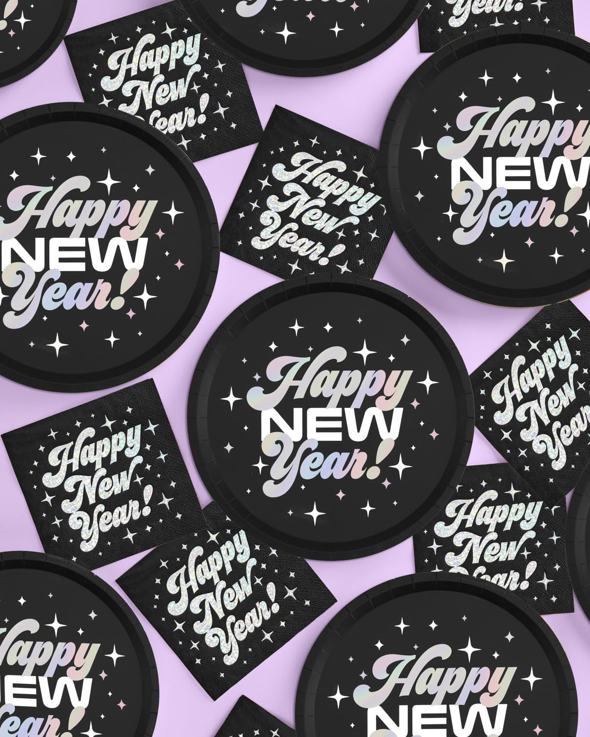 xo, Fetti Black Happy New Year Paper Napkins - Iridescent Foil | 3-ply, 50 pcs | NYE Party Decorations, 2025 Cocktail Napkins, Disposable Party Supplies, Disco Dinner Tablescape Decor
