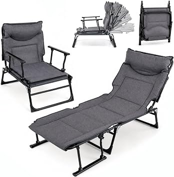 GYMAX 2 in 1 Convertible Lounge Chair Outdoor with Pad, Pillow, 6 Level Adjustable, Heavy Duty 375 LBS Portable Folding Camping Cot for Patio, Lawn, Yard