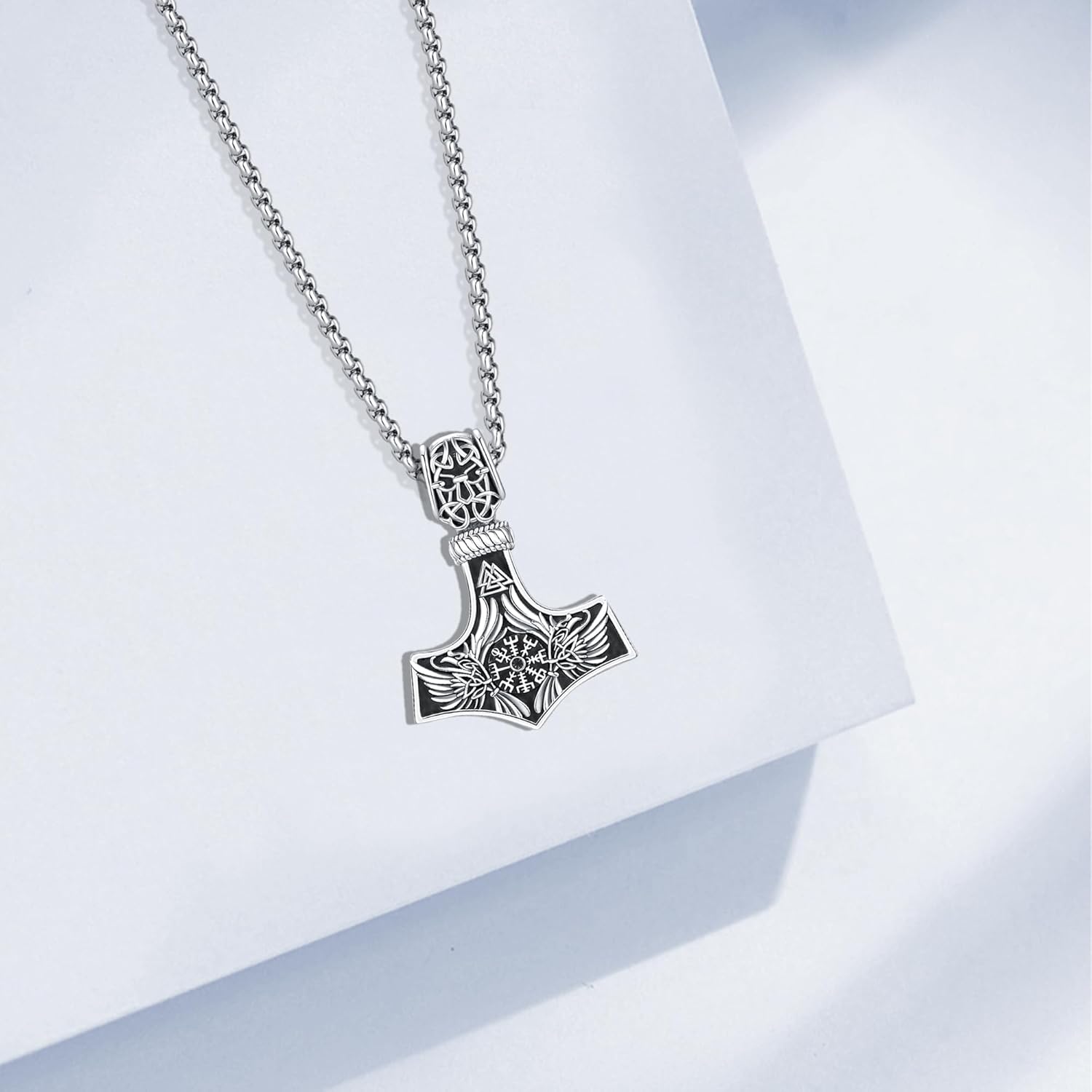 DRINSPER Compass/Wolf/Thor's Hammer/Runes/Tree of Life/Goats/Raven Thor Hammer Necklace for Men Viking Necklace 925 Sterling Sliver Pendant Norse Jewelry Gifts for Men Women - Image 7
