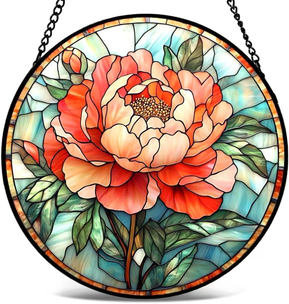 Stained Glass Window Hanging, Peony Sun Catcher for Door Home Decor,Flowers Suncatcher Christmas Mother's Day Birthday Gifts for Bird Lovers Women Men Mom (Peony, 7.8 * 7.8IN)