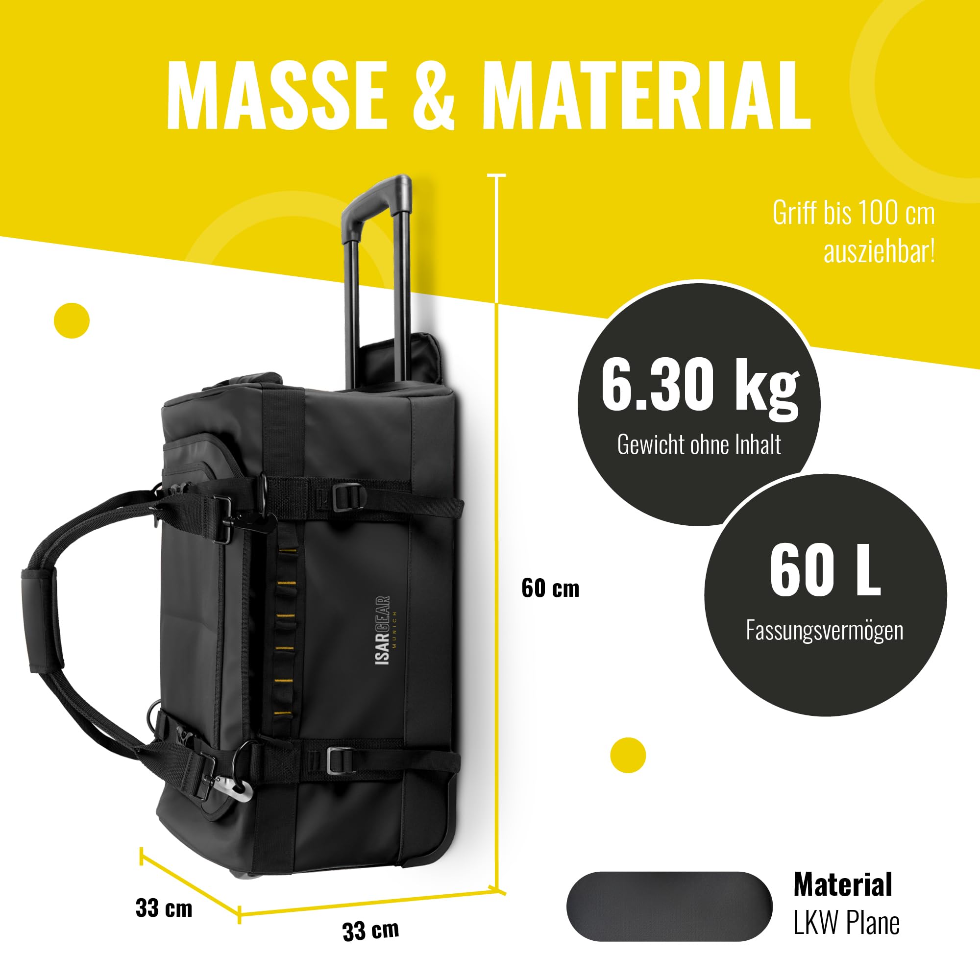 Isar Gear® Reisetasche mit Rollen 60 Liter - Outdoor Travel Bag (Schwarz) aus wetterfestem Material - Großer Reisekoffer mit Rollen, Sporttasche mit Rollen, Duffle Bag - Trolley (Koffertasche)