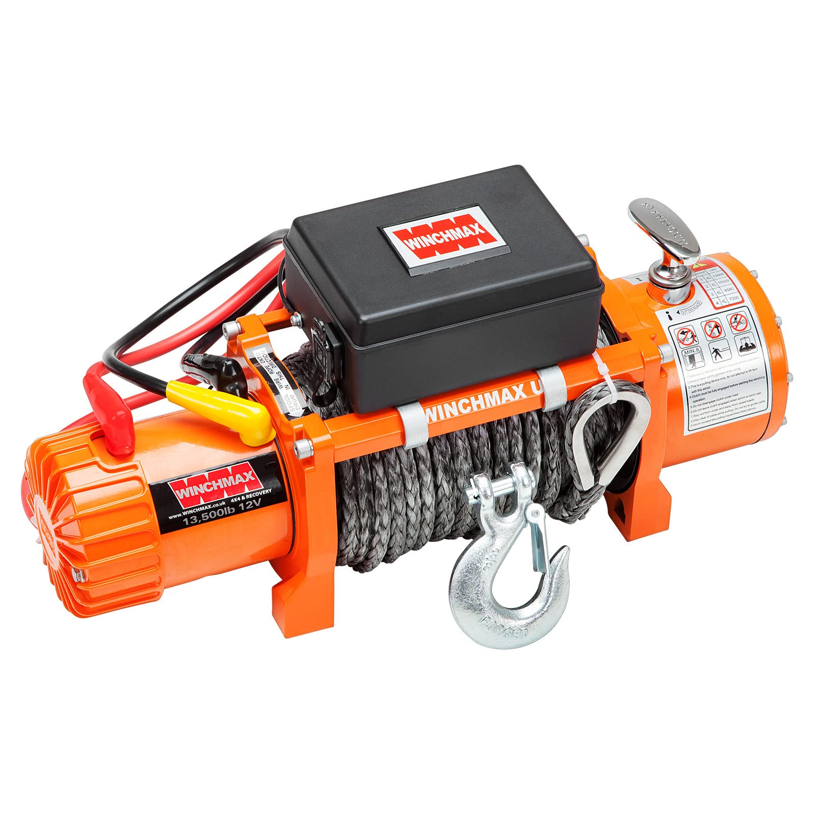 Winchmax 13500 lb / 6123 kg Verricello Elettrico Originale Arancione 12v. Corda Sintetica Dyneema Sk75 da 28 m x 11 mm. Gancio per Cerniera da 3/8 di Pollice. Doppio Telecomando Senza Fili.