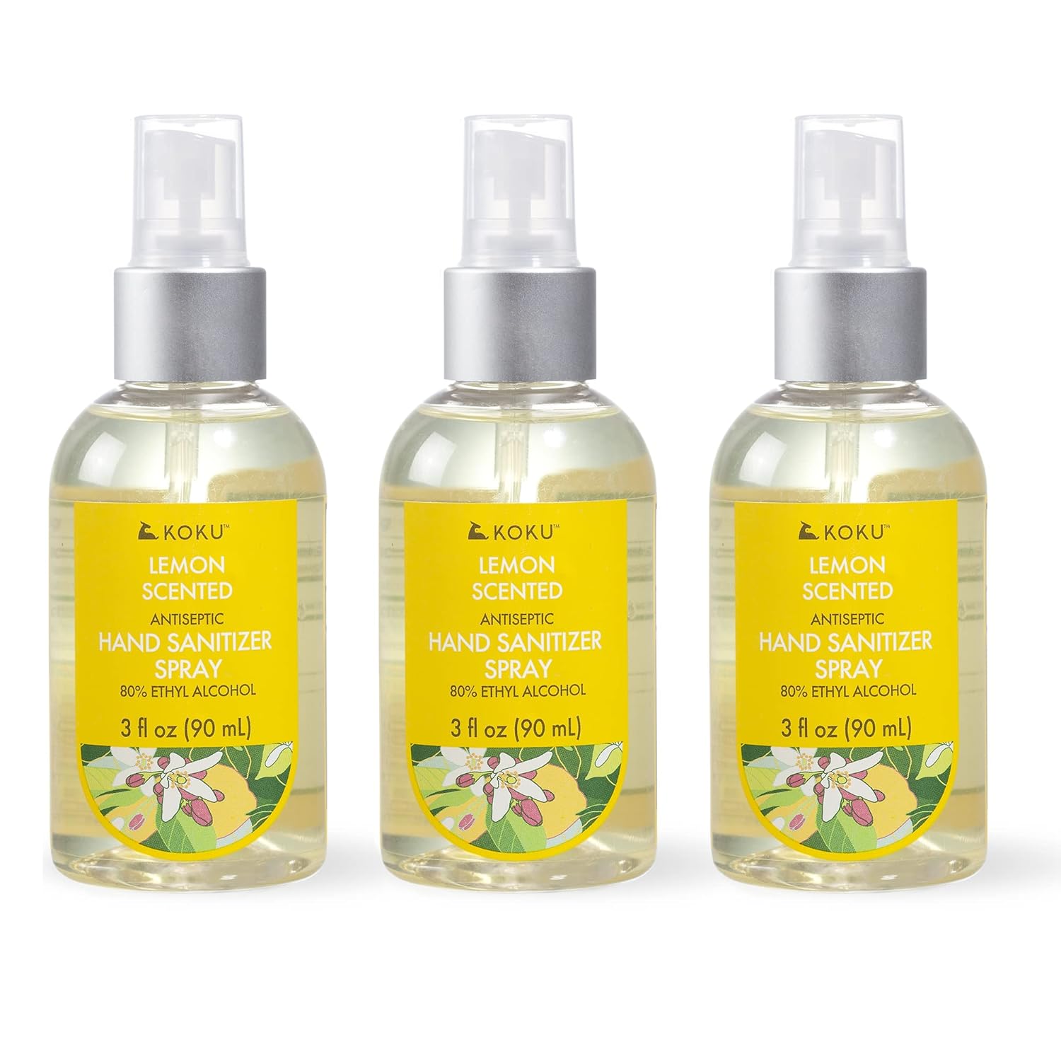 KOKU | Citrus Hand Sanitizer Body Mist Spray Set of 3 Scents | Lemon-Lime-Mandarin Orange | Vegan | 100% Natural Ingredients | Variety Pack (Lemon Set 2-3x 3 fl oz)