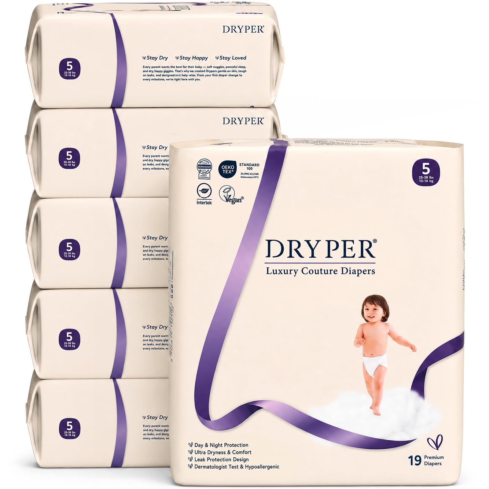 Pieluchy dla niemowląt DRYPER rozmiar 5 (13–18 kg), ultracienkie, miękkie, hipoalergiczne pieluchy dla wrażliwej skóry, wskaźnik wilgotności, 114 sztuk pieluch premium na dzień i na noc