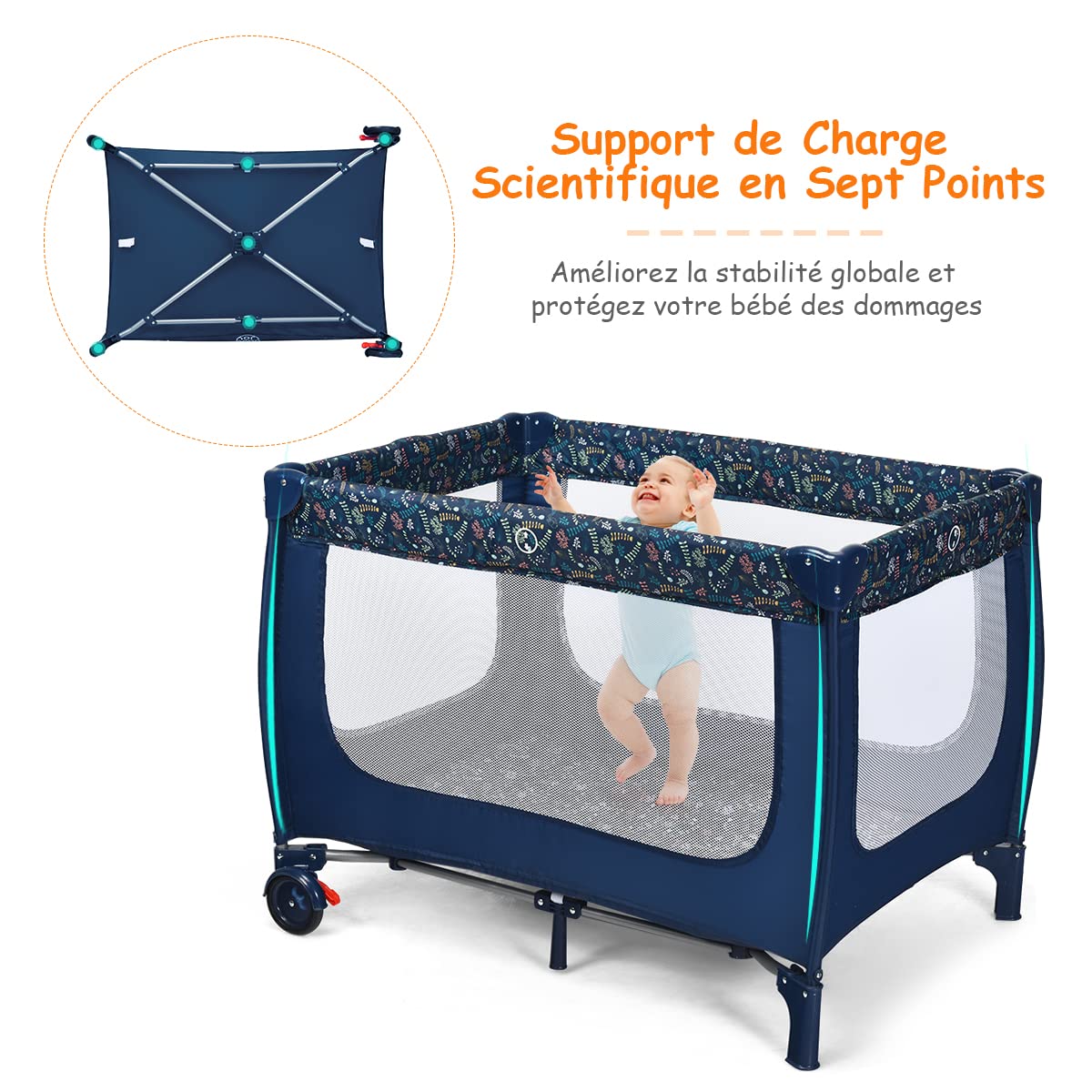 COSTWAY 2 en 1 Lit Parapluie Pliant Bébé 0-36 Mois avec Matelas Respirant, Lit de Voyage en Tissu Oxford avec Sac de Transport, Roues avec Frein, Parc d'Activité jusqu'à 15 kg, 125 x 65 x 76 cm (Bleu)
