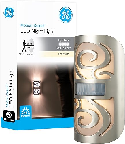 Miniatura 8 de GE Luz nocturna LED, sensor de movimiento, regulable, pantalla de rejilla, níquel cepillado, enchufe, certificado UL, luz nocturna ideal para