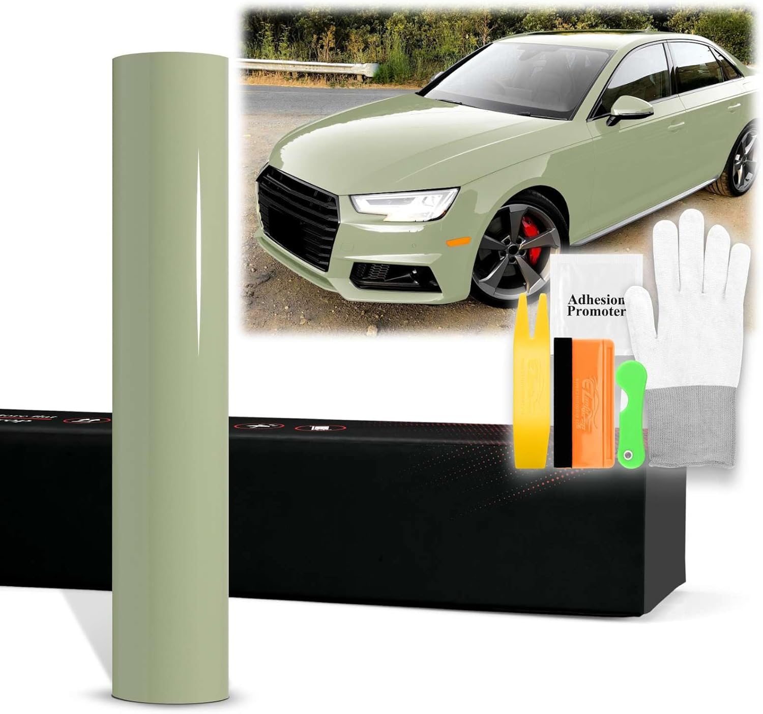 60"x240" (5FTx20FT) PET Super Gloss Light Khaki Green High Glossy Vinyl Wrap Auto Car Sticker Decal Film Sheet Bubble Free Air Release Technology with Tool Kit