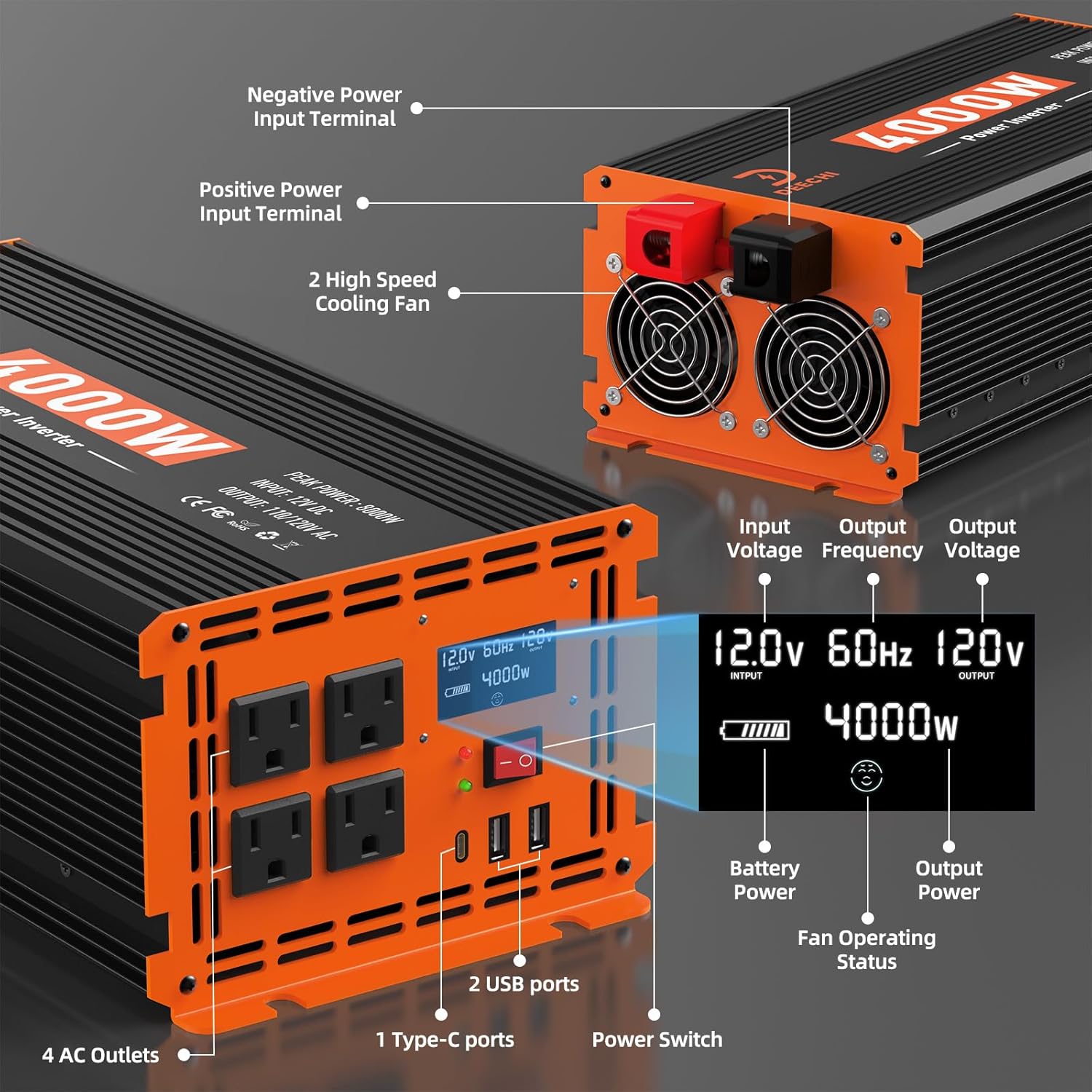 4000W Power Inverter 12V DC to 110V/120V AC Converter for RV/Truck/Boat/Camping/Off-Grid Solar Car Power Inverter Peak Power 8000W with 4 AC Outlets,USB & Type-C Port, Remote Controller & LCD Screen