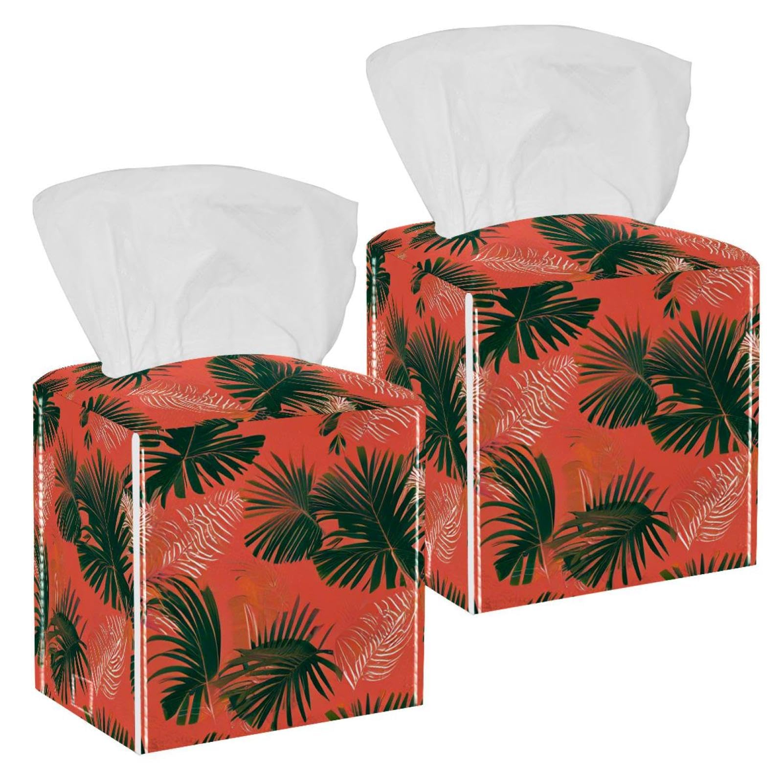 Tropical Palm Tissue Box Cover, 2 Pack PU Leather Square Facial Tissue Dispenser Box holder for Home Office Car
