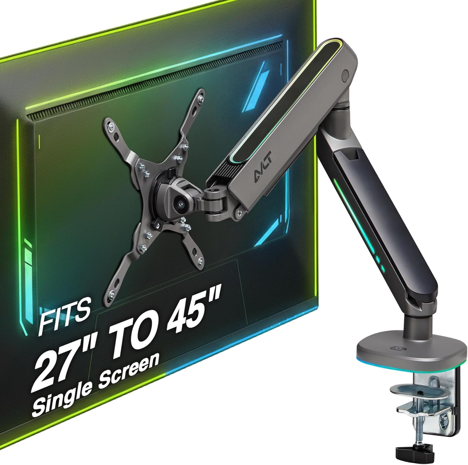 AVLT Single 27”-45” RGB Gaming Monitor Arm Desk Mount Built-in 20 Lighting Modes Touch Button Control Fits Flat/Curved/Ultrawide Screens Height Swivel Tilt Rotation Adjustable Stand -Dark Gray