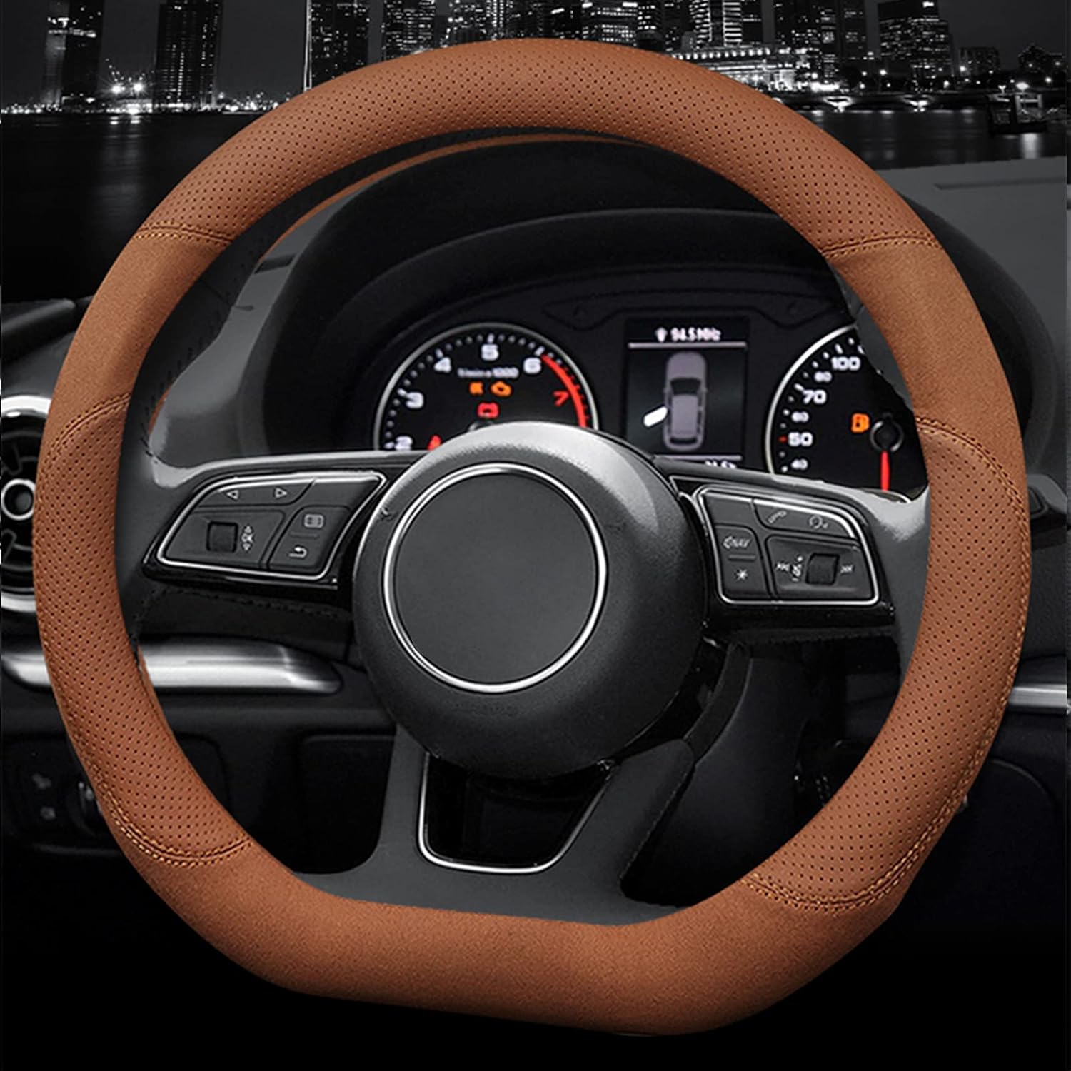 Ergocar D-Shaped Sport Microfiber PU Leather & Suede Material Car Steering Wheel Cover Non-Slip Car Steering Wheel Protector Universal for D-Shaped Diameter 38cm(15") (Brown)