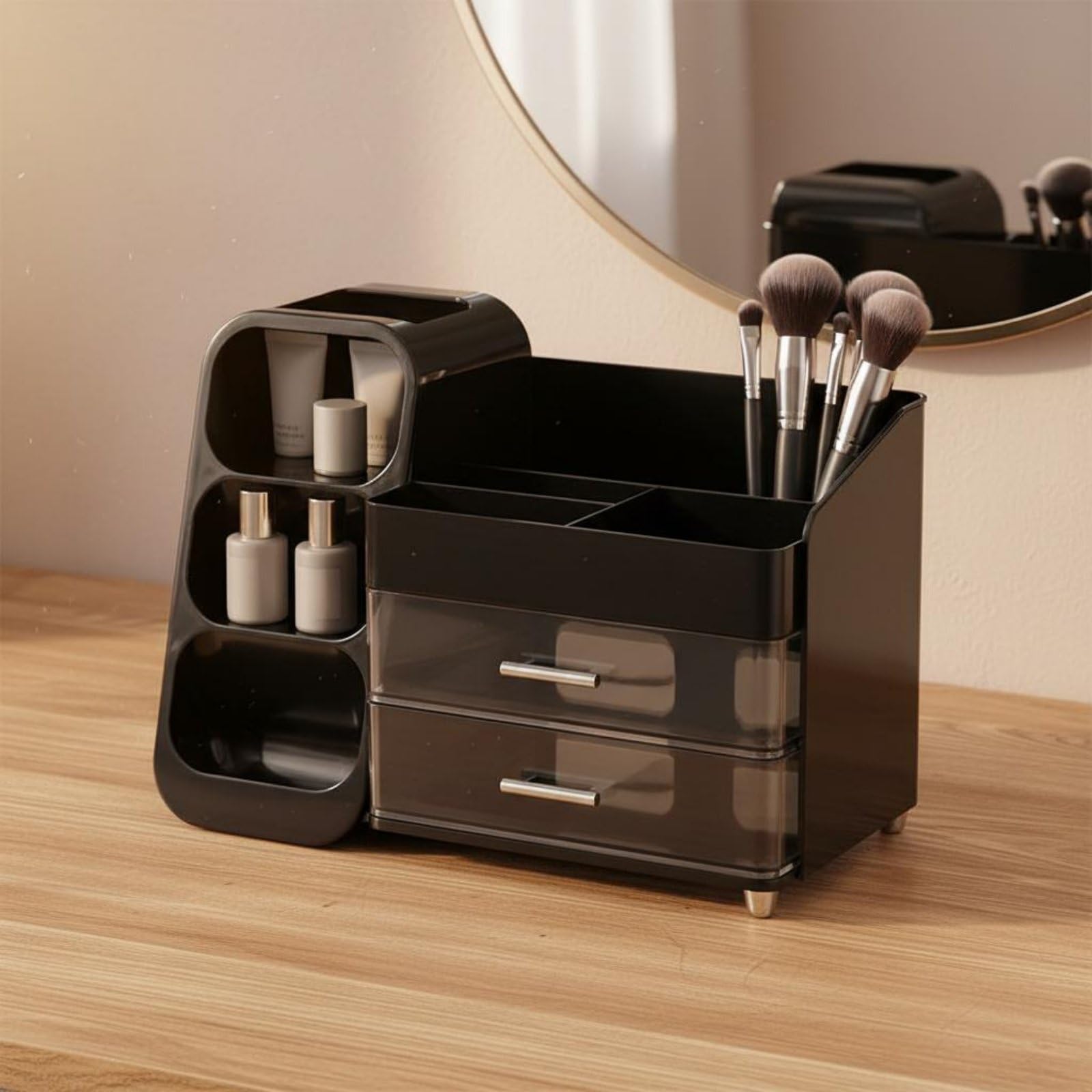Schminktisch-Organizer leicht zu reinigen Make-Up-Pinselhalter-Box transparentes Design Desktop-Make-Up-Ständer für Schlafzimmer, Badezimmer, Weiß, Weiß, 35 25 18