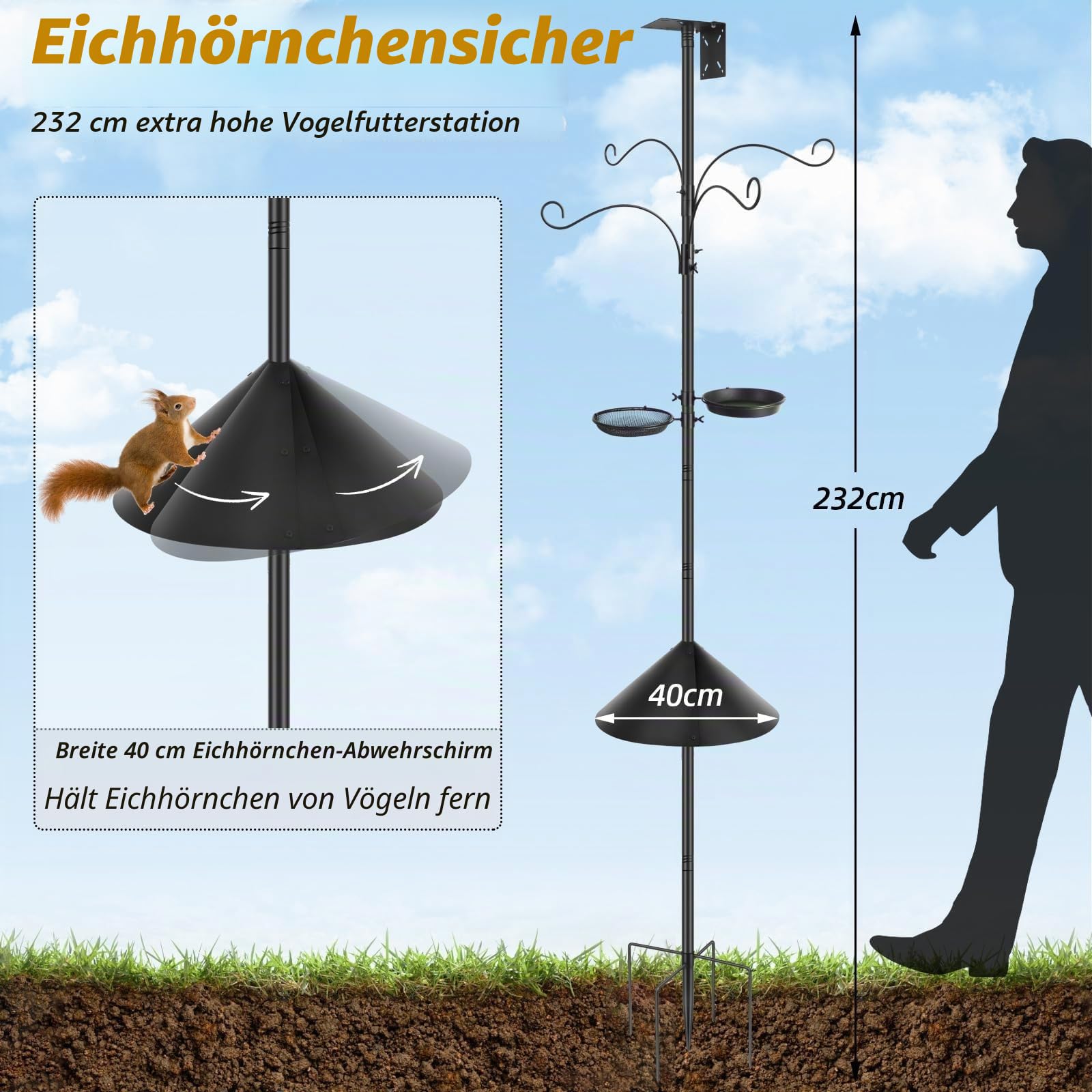 Vogelfutterspender zum Aufhängen, robuste Metall-Vogelfutterstation, 232 cm hoch, freistehend, mehrere Vogelfutterstangen, Ständer, Aufhänger zum Anlocken von Wildvögeln im Garten