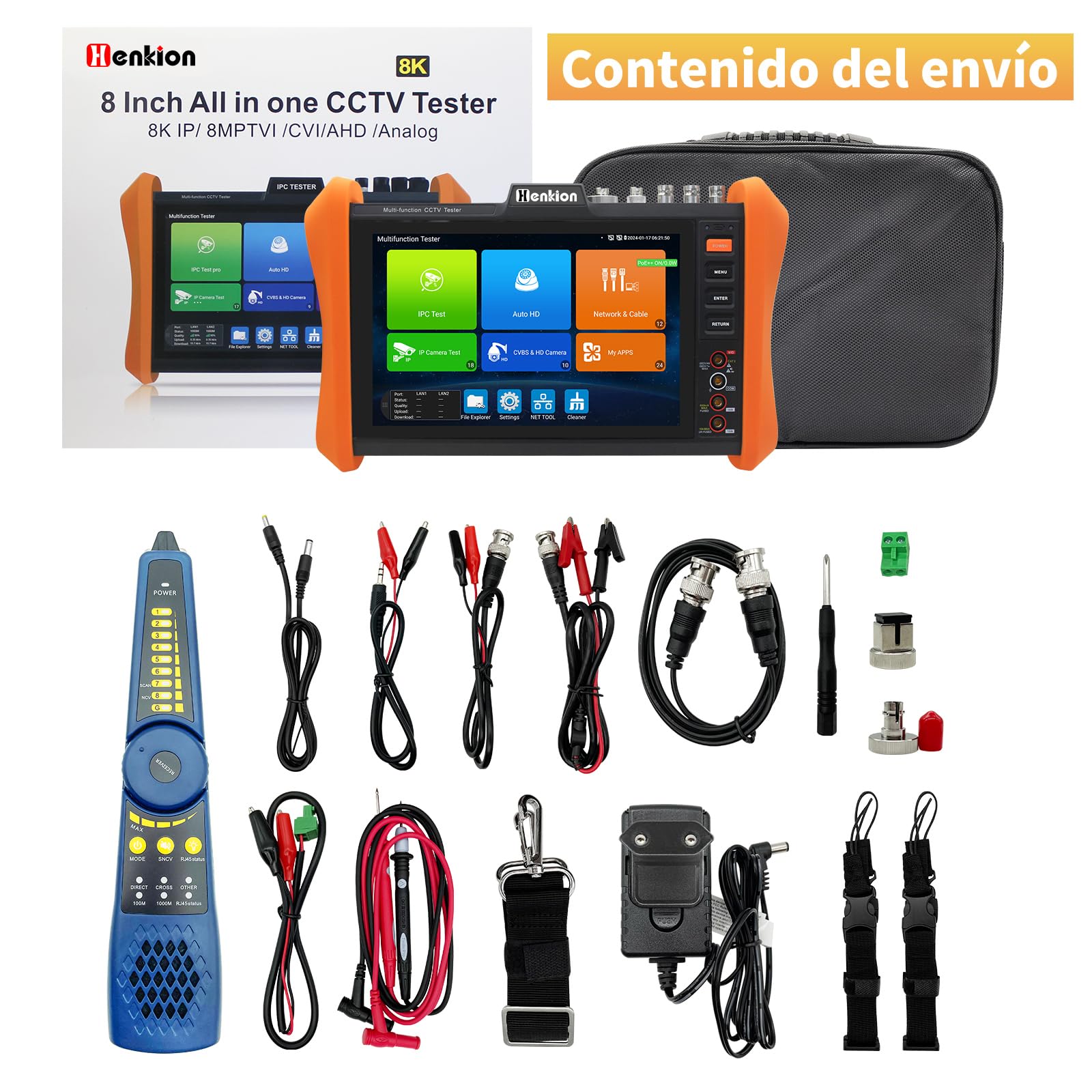 Henkion IPC-H12-MOVTADHSEF CCTV-Kameratester 8-Zoll-IPS-Touchscreen-Monitor CCTV-Tester unterstützt 8K IPC-Test und 4K TVI CVI AHD SDI-Kameratests SFP DMM OPM TDR POE HDMI VGA WiFi RS485