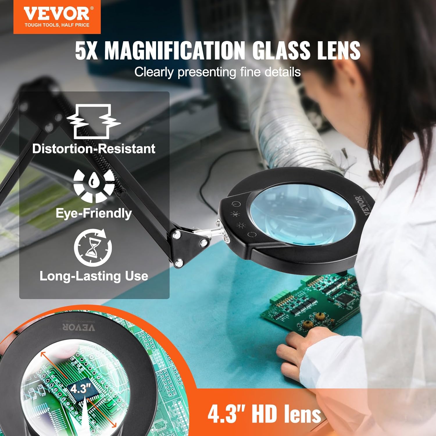 VEVOR Magnifying Floor Lamp - 5X Height Adjustable Floor Standing Magnifying Glass 3-in-1 LED 5 Color Modes Stepless Dimmable with Flexible Arm for Reading Craft