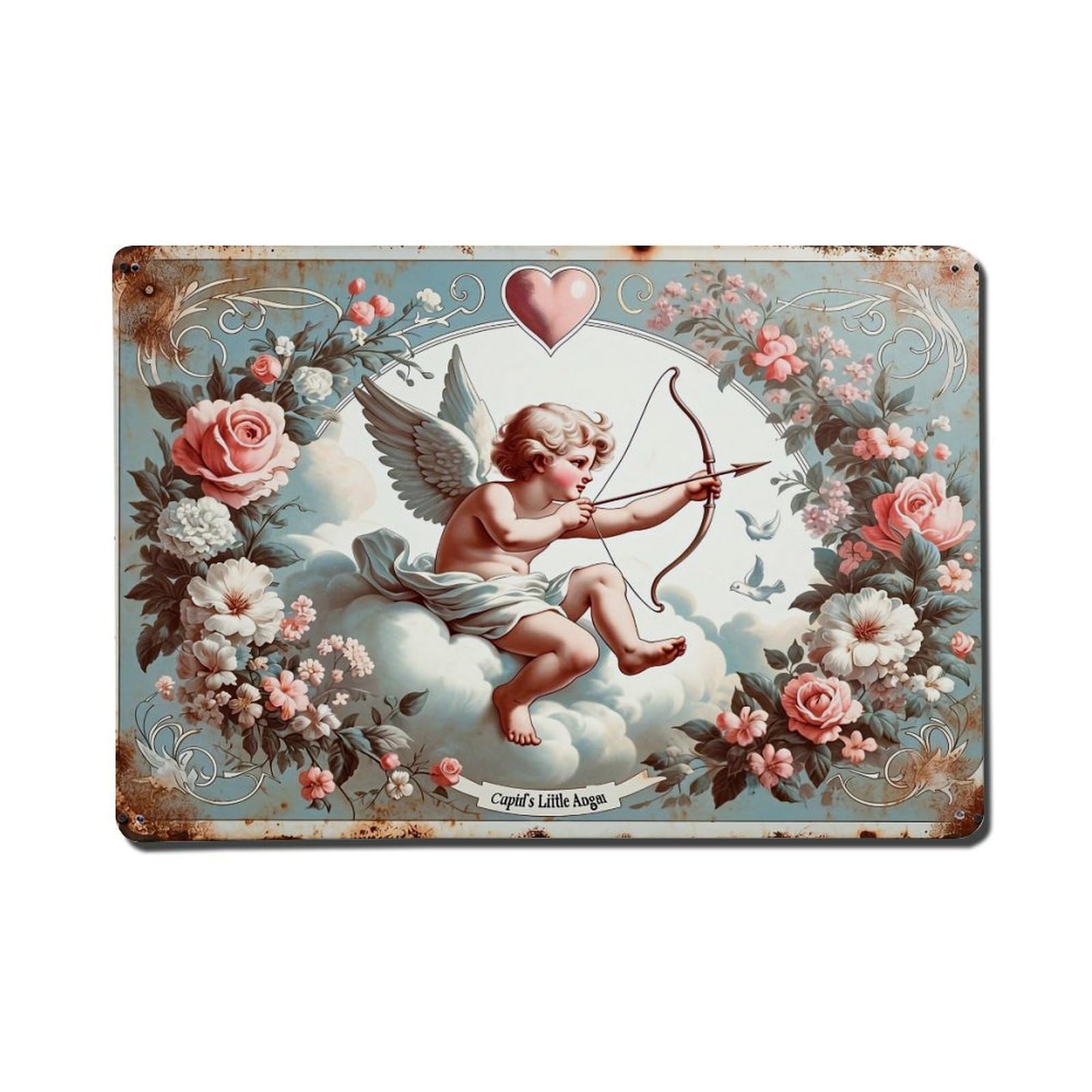 Cupid Shooting Arrow Floral Vintage Metal Tin Sign Plaque