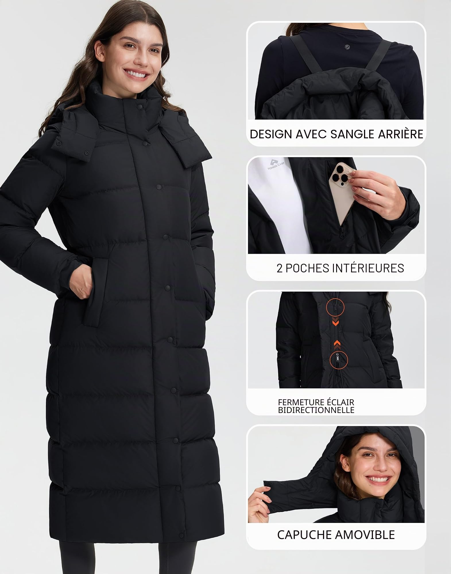 Pioneer Camp Manteau d'Hiver Femme Long et Chaud - Doudoune Imperméable et Coupe-Vent - Manteau Matelassé avec Capuche Amovible et Poche - Manteau en Duvet pour Hivers Froids
