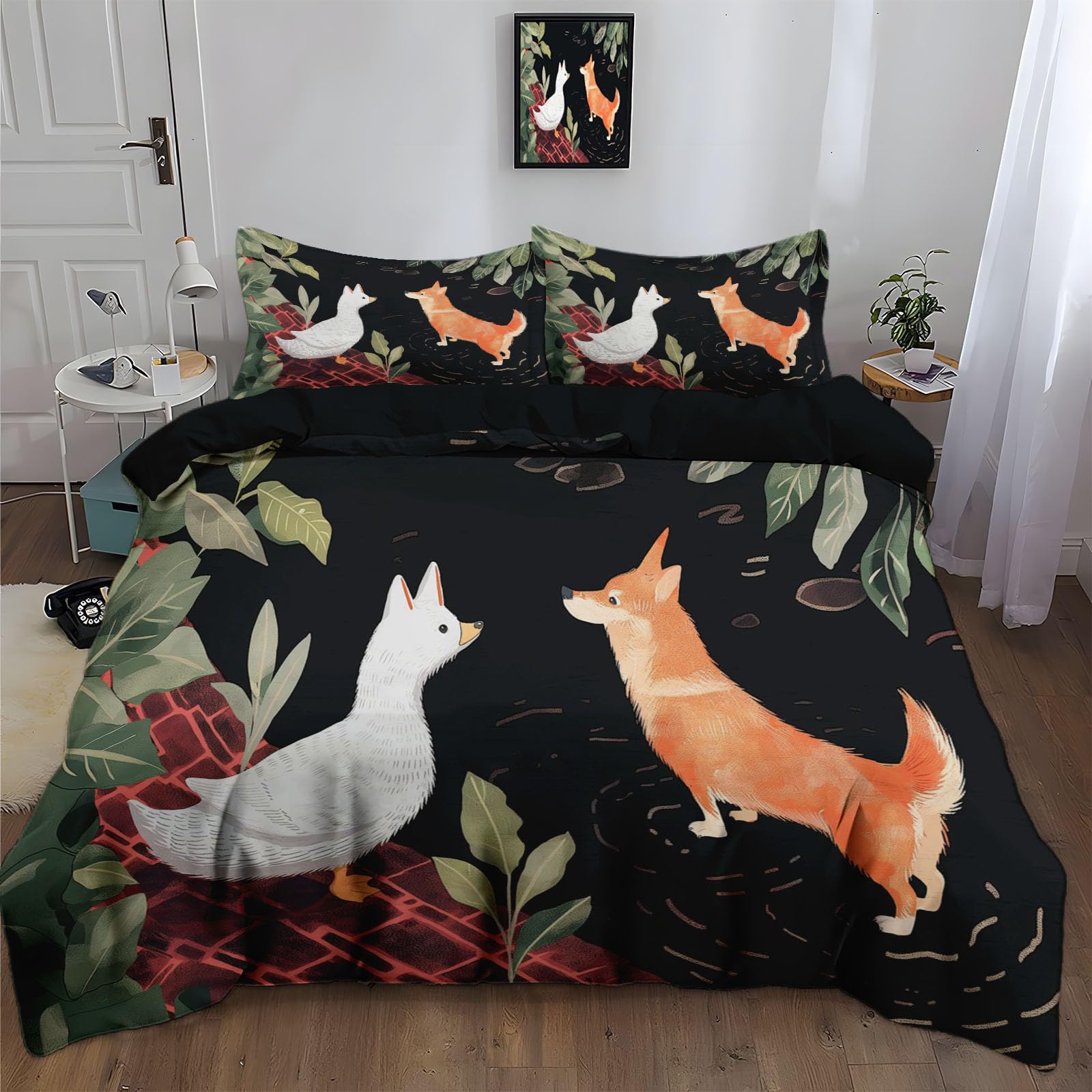 Housse de couette canard rétro et shiba inu pour une chambre pleine de douceur et de joie