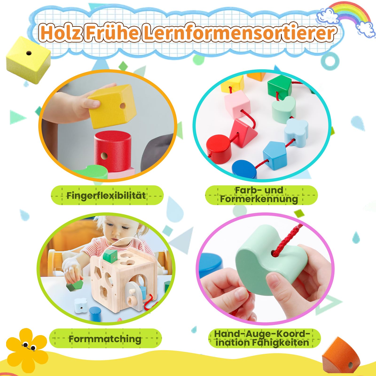 Fullware Shape Sorting Wooden Toy from 6 Months, Montessori Baby Toy from 1 Year, Baby Blocks Fine Motor Skills Sorting Games for Early Learning, Gift for Toddlers Boys Girls from 6 Months - Image 4