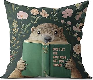 Groundhog Reading Motivational Throw Pillow Cover 18 x 18 Set of 2, Book...