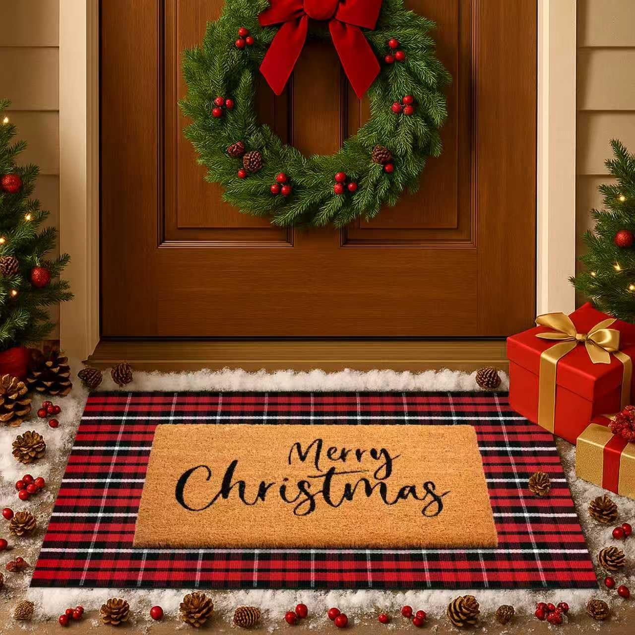 Christmas Door Mat Set, 2-Piece Layered Front Porch Welcome Mat Combo with Red Black White Check Rug and Coir Doormat, Outdoor Entryway Decor for Holiday Porch, Patio, Garden