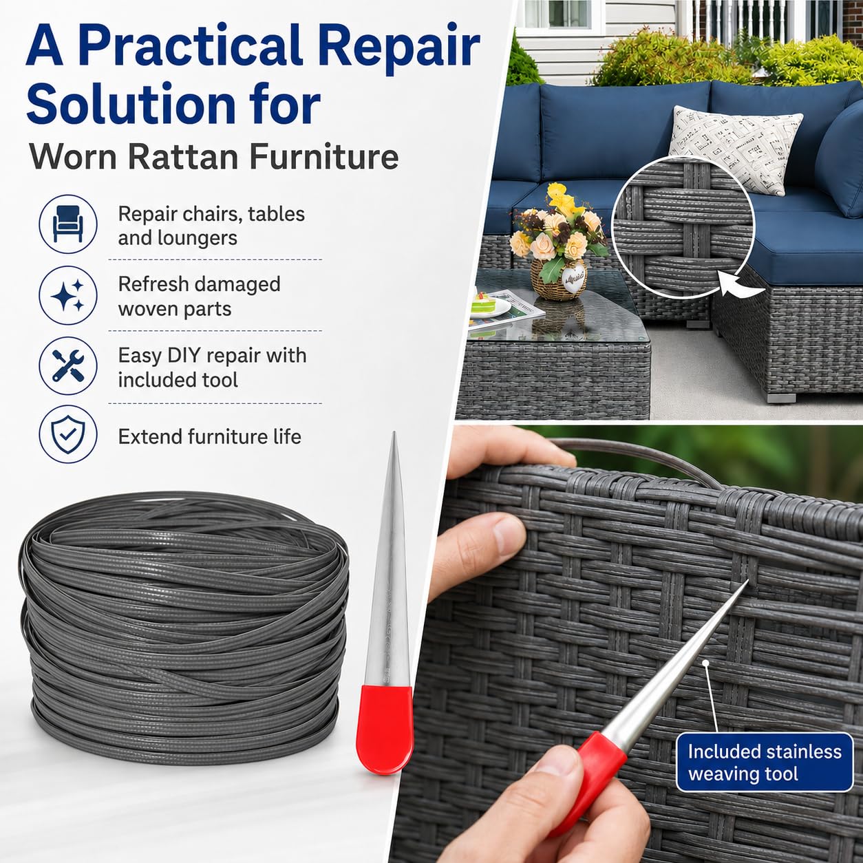 Rattan sintetico 65 m, tessuto piatto in rattan sintetico con leva, materiale di riparazione per mobili da esterno, sedie in rattan, tavolo e cestini (beige)