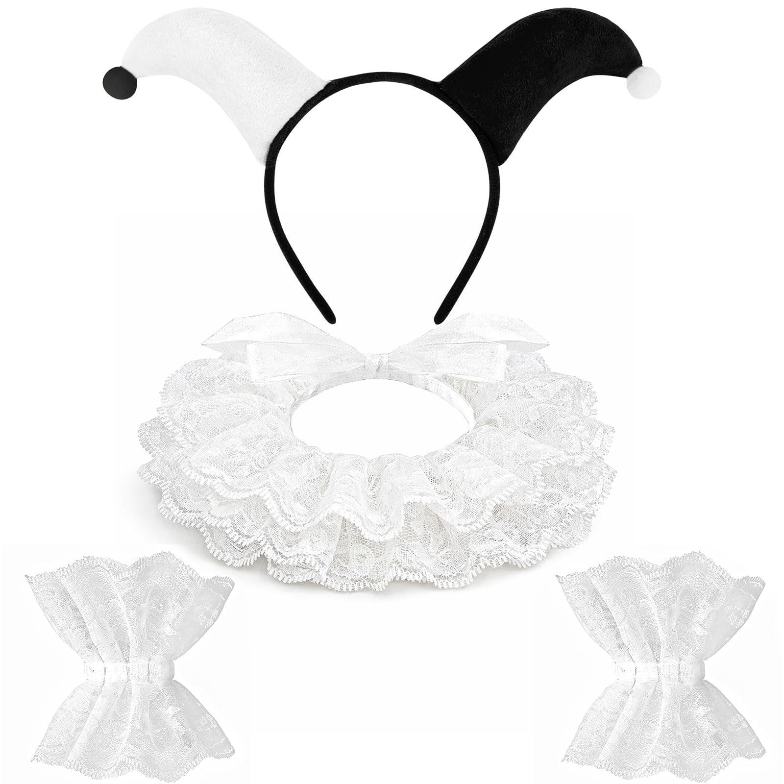 Tanganan Clown Collar with Headband, Renaissance Victorian Ruffle Collar and Wrist Cuffs Set Layered Clown Choker Neck Collars Cuff for Halloween Fancy Dress Cosplay Costume (black) (black)