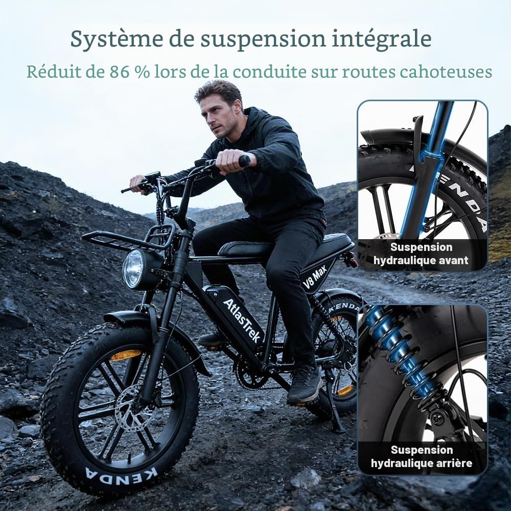 Vélo électrique, 48 V 15 Ah batterie amovible, portée maximale de 80,8 km, vitesse maximale de 25 km/h, vélo électrique à gros pneus de 50,8 cm pour adultes, vélos électriques pour trajets quotidiens