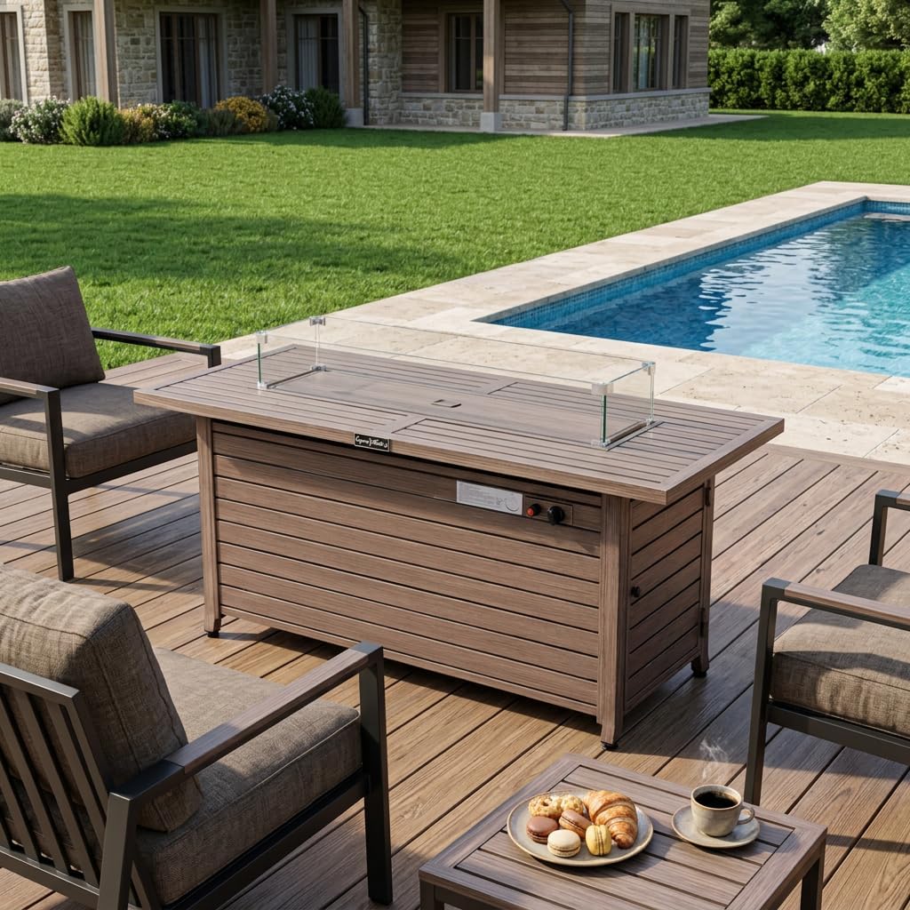 57 Inch 50000BTU Fire Table with Glass Wind Guard, with Cover and Table Lid, Nature Wood Coating