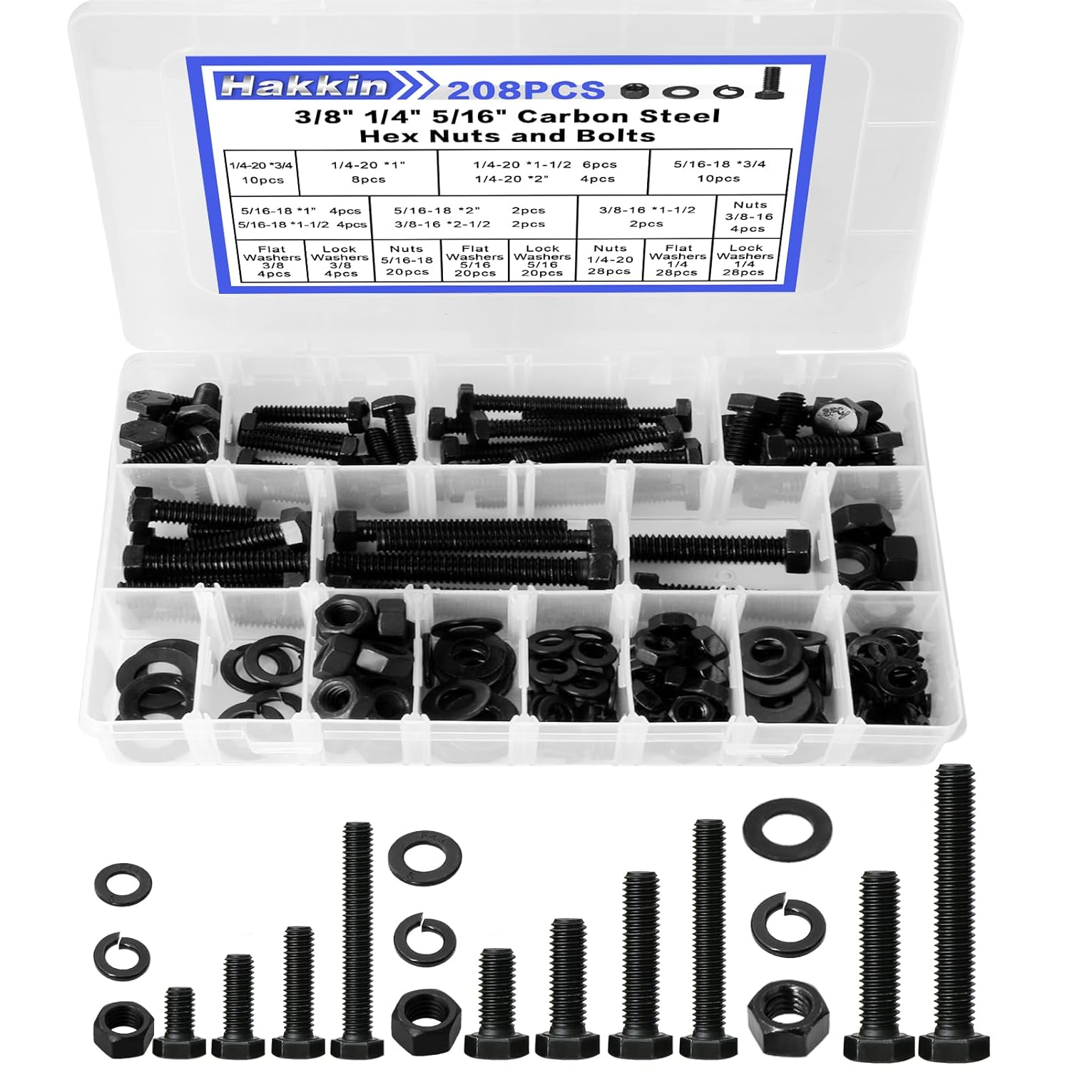 Hakkin 208Pcs Hex Head Nuts and Bolts Kit, 1/4-20, 5/16-18, 3/8-16 Carbon Steel Machine Screws Set, Screws Bolts Spring Washers Assortment Kit (Black)