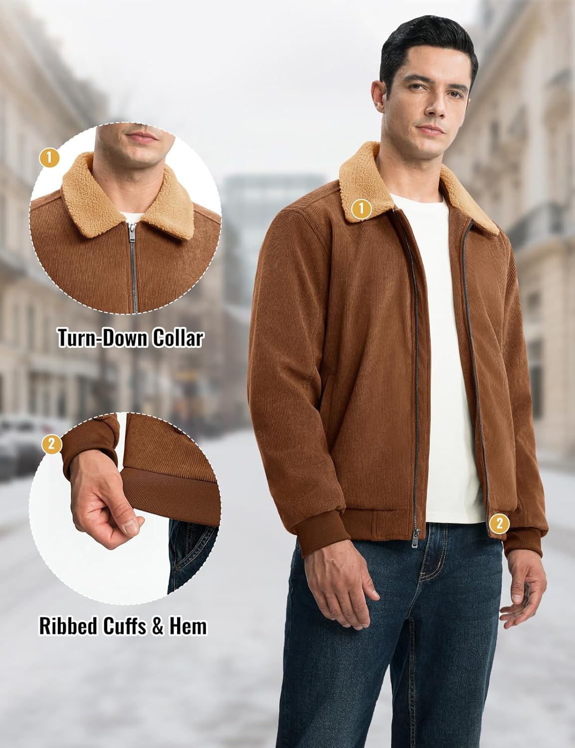 Rdruko Men's Winter Jacket Sherpa Lined Corduroy Fleece Jacket Thick Warm Turn-Down Collar Full Zip Coat - Image 7