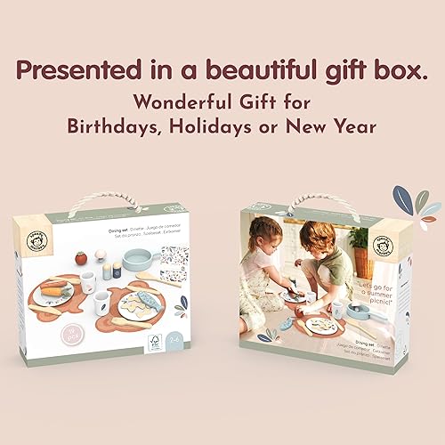 Miniatura 7 de Speedy Monkey Juego de comedor de madera para niños, 19 piezas, accesorios de cocina y cocina de simulación, juguete de comida para niños pequeños,