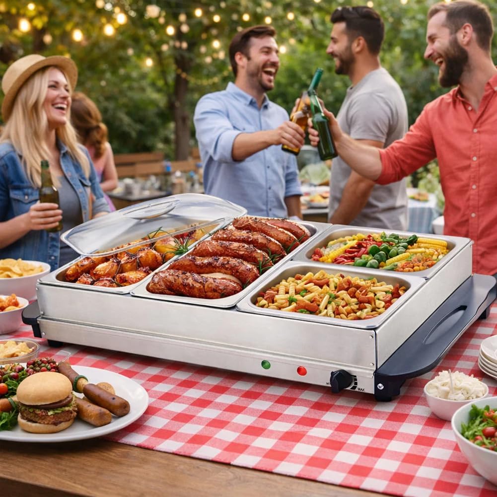BAKAJI Scaldavivande Elettrico in Acciaio Inox con 4 Cestelli, Scalda Cibo Alimenti Hotel, Casa, Ristorante, Buffet, Temperatura Regolabile 45°-75°, Facile da Pulire, Sistema Riscaldamento Bagnomaria