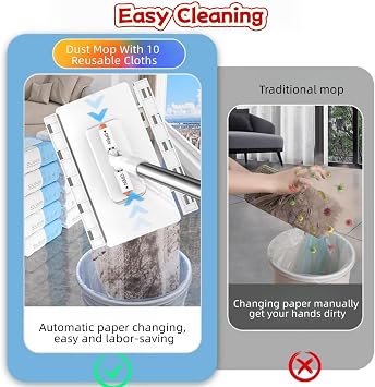Dust Mop With 10 Reusable Cloths, Sweeper Mop, Dust Mop Magic Snap Grip Mini Mop Cloth Changing Mini Mop with Reusable Towels for Floor Wall Kitchen