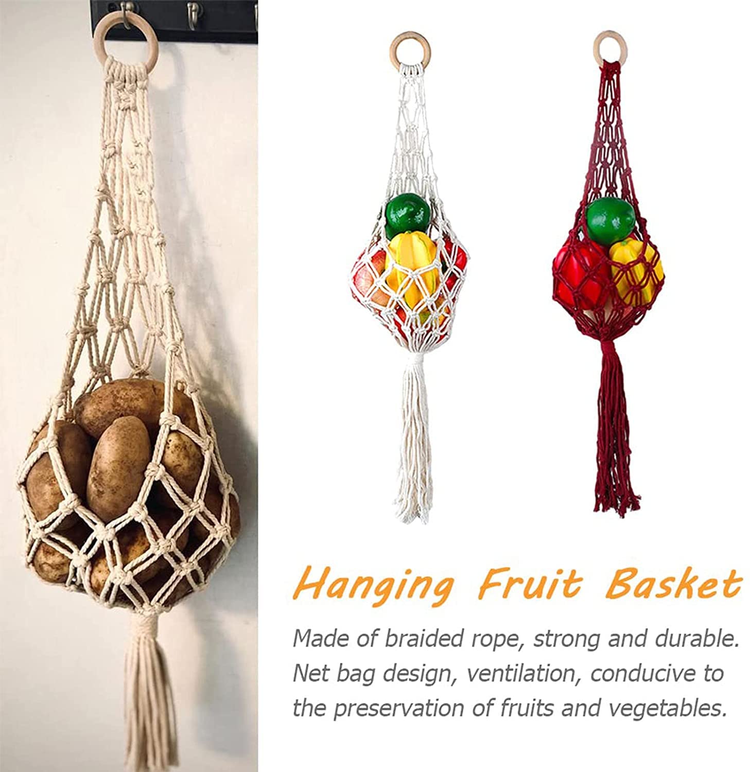 Cesto di frutta appeso in macramè - Boho per patate, cipolle e parete