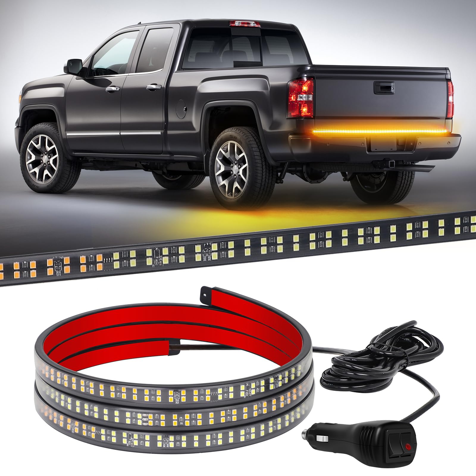 XRIDONSEN 60 inch Truck Amber Tailgate Strobe Lights Strip 360 LED Tail Emergency Light Bar Flashing Warning Hazard Safety Rear Window Lights for Tow Plow Trucks Construction Vehicles Pickup Trailer