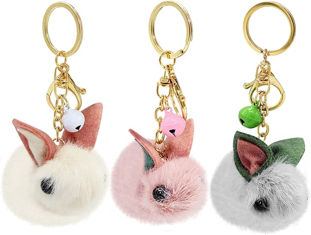 ICEBLUEOR Pom Pom Keychain, 3Pcs Cartoon Cute Faux Fur Bunny Bag Pendant Plush Rabbit Keyring Key Holder Car Hanging Ornament for Girls Kids Easter Gift